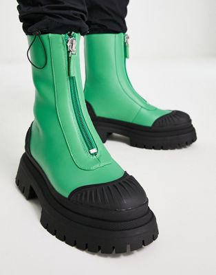 Size 12 ASOS DESIGN chelsea boot with zip front in green faux leather and black sole boots